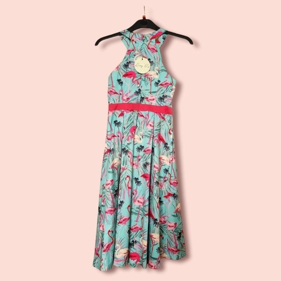 Beautiful vintage style lindy bop flamingo print summer dress. Uk 8 - Picture 2 of 4